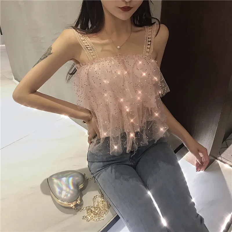 

Women's Clothing summer fashion blouses sequined tops pink spaghetti strap korean tops off shoulder thin perspective vest shirts