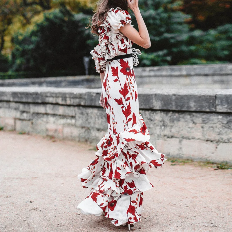 HIGH QUALITY New Fashion 2019 Designer Runway Print Dress Women's One-shoulder Floral Cascading Ruffle Long Dress (2)