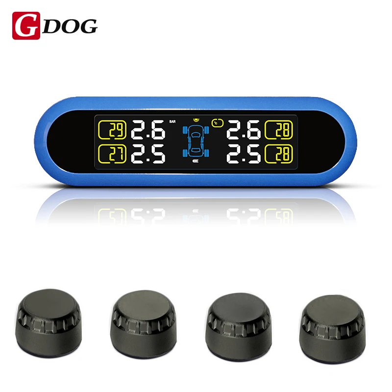 

blue/black case portable TPMS Car Wireless Tire Pressure Monitoring System 4 external Sensors For 4 wheels Cars Solar Power