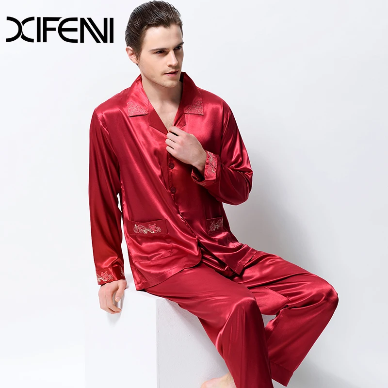 2019 New Satin Silk Pajamas Male Long-Sleeve Embroidery Men Pyjama Sets Emulation Silk Sleepwear Turn-Down Collar Two-Piece 3315