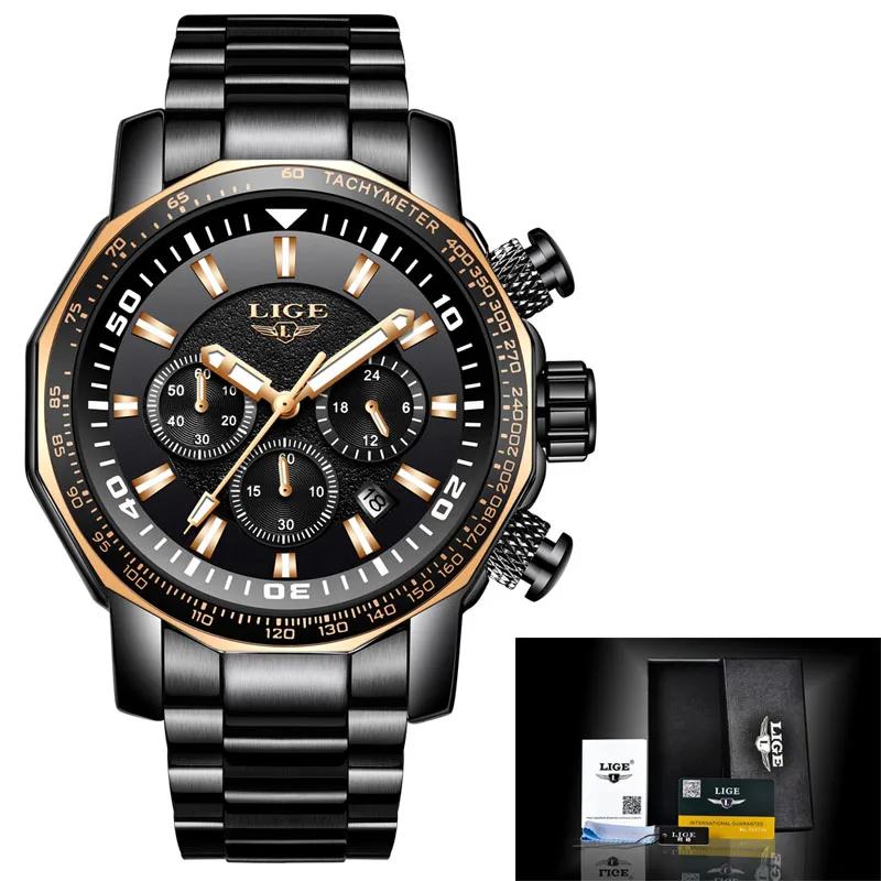 LIGE модные брендовые мужские часы с хронографом, полностью стальные бизнес кварцевые часы, военные спортивные водонепроницаемые часы, мужские часы - Цвет: gold Black