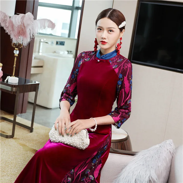 Бархатное платье осень зима вечерние винтажные женские изысканные Лоскутные вышивки до середины икры Длина Темно-зеленый костюм цвета Красного Вина XXL