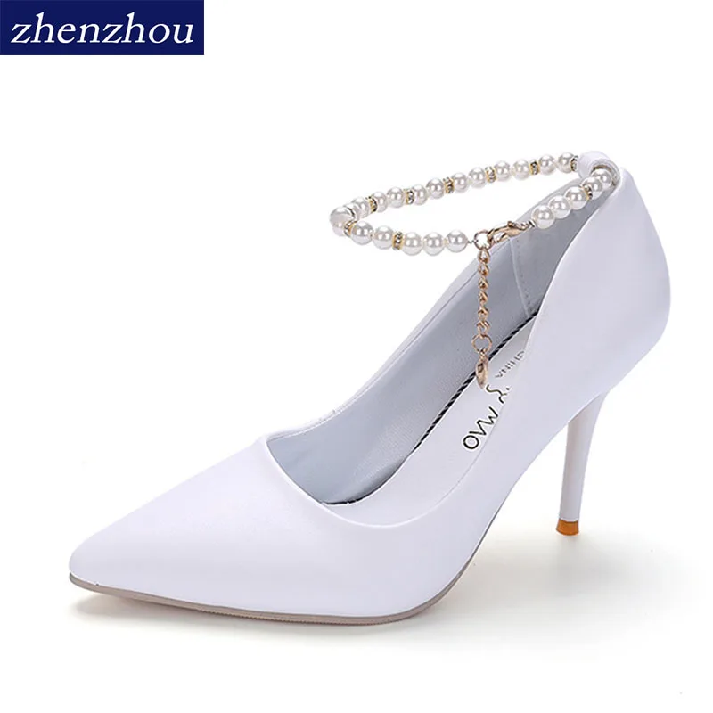 

2017 new spring and autumn spring ladies high heels with pointy shoes, fashion pearl and shallow-mouth fashion casual shoes