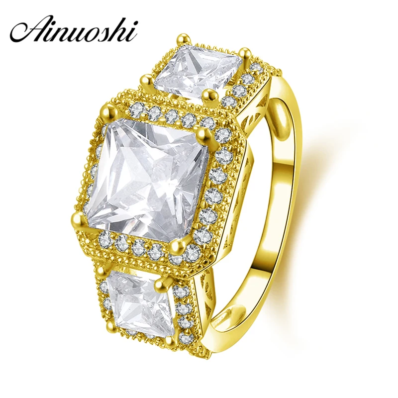 

AINUOSHI 10K Solid Yellow Gold Engagement Ring 3 Stones Luxury Jewelry 1.25 ct SONA Simulated Diamond Women Wedding Halo Rings