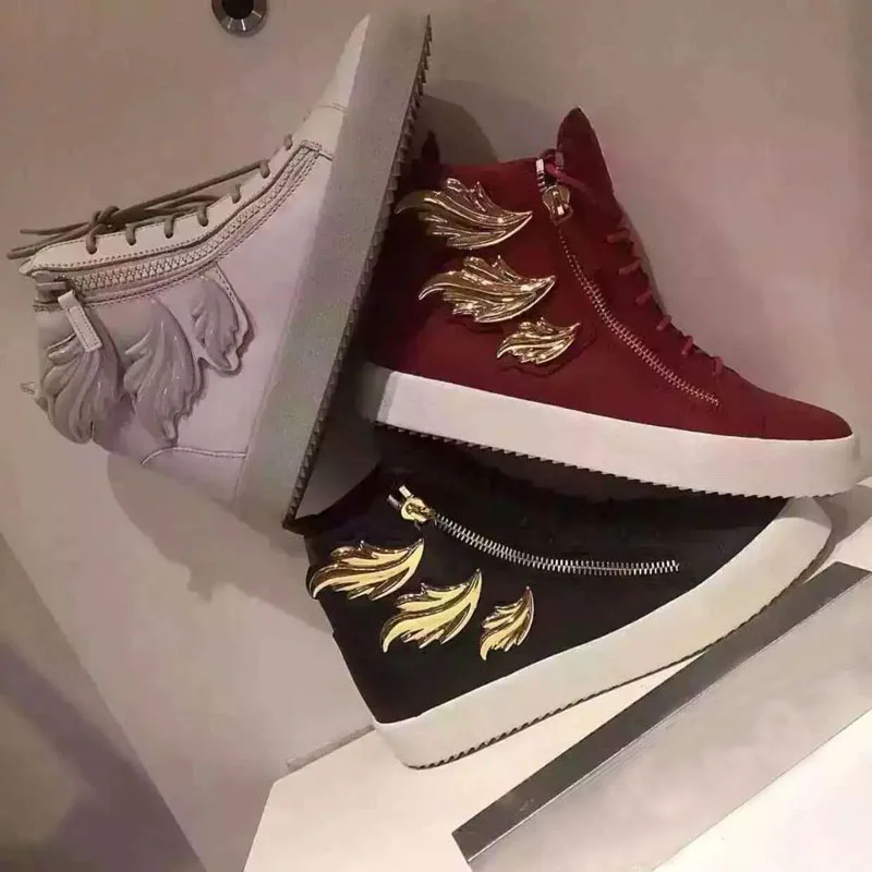 

2018 Metal Plated Shiny Angle Wings Decor High Top Unisex Shoes Flame Zipper Flats Platform Sole Lace Up Women Casual Shoes