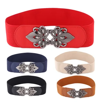 

Vintage Hot Sale Women Ladies Girls Stretchy Belts Silver Wide Metal Hook Design Solid Elastic Waist Belt Colorful Waistband