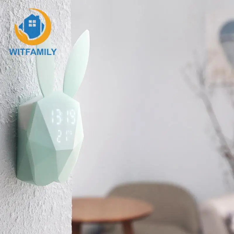

Desktop clock Snooze Function Display Temperature and Calendar wall clock Cute Rabbit LED Electronic Alarm Clock Sound Sensitive