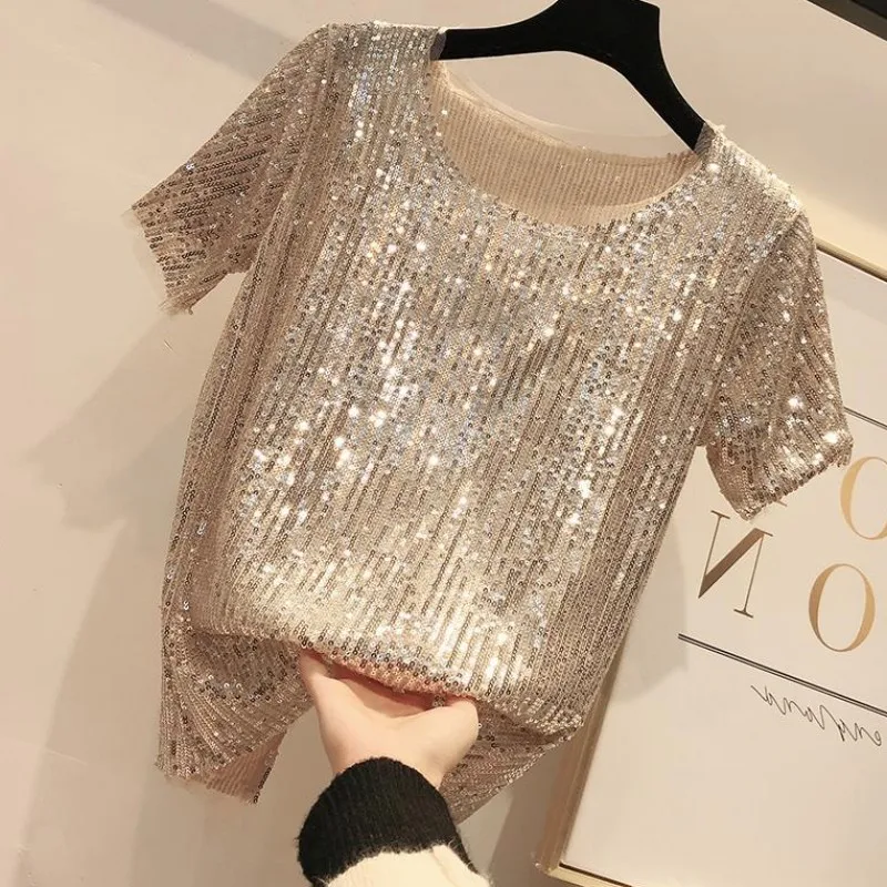 

summer 2019 female chic sequined female thin short sleeve T shirt joker Punk O-neck Mesh Top