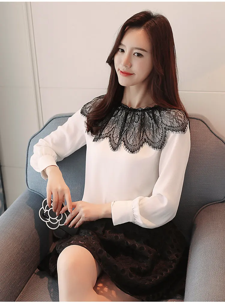 2019 New Autumn Tops Women Fashion Lace Patchwork Blouses Casual Long Sleeve Chiffon Blusas Mujer Pink White Shirt Female (10)