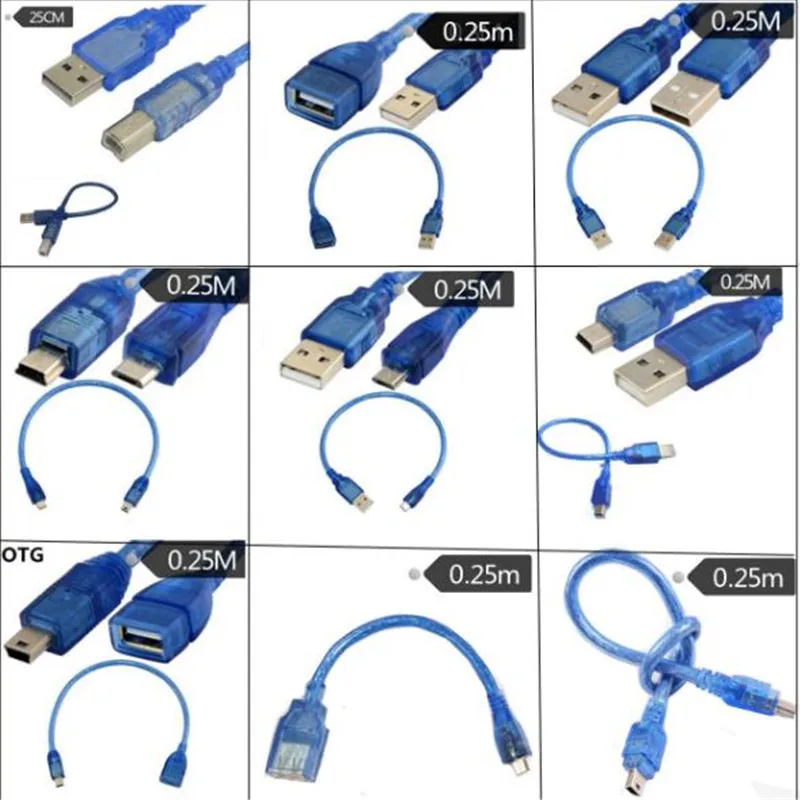 

1pcs/USB2.0 transparent blue data cable mini 5P micro 5P AM AF BM printing extended OTG line mobile phone printer computer