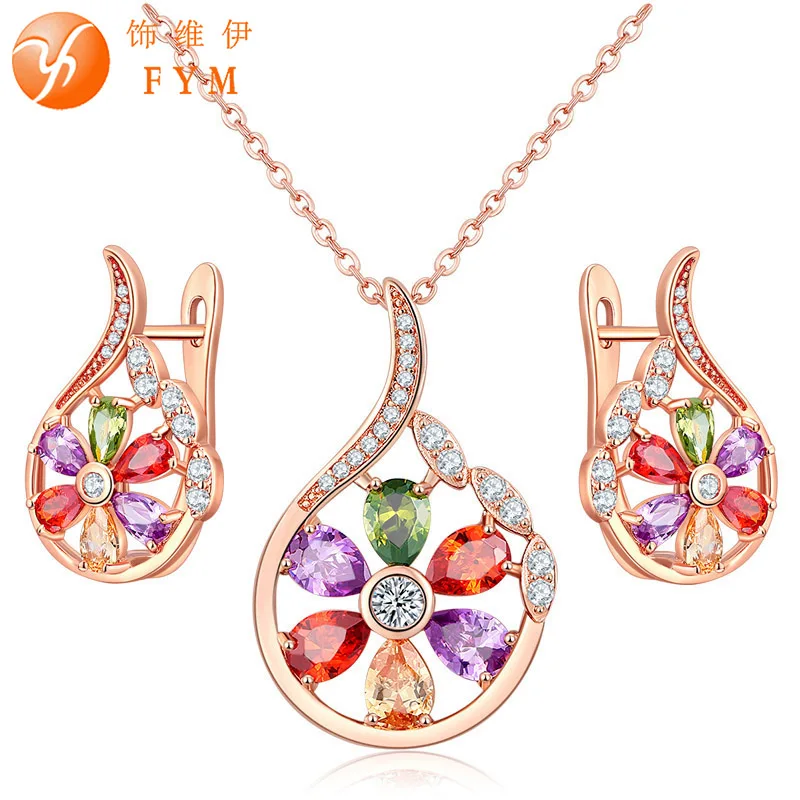 

FYM Luxury Rose Gold-color Flower Jewelry Sets For Women Multicolor Zircon Pendant Necklace & Earrings Engagement Jewelry