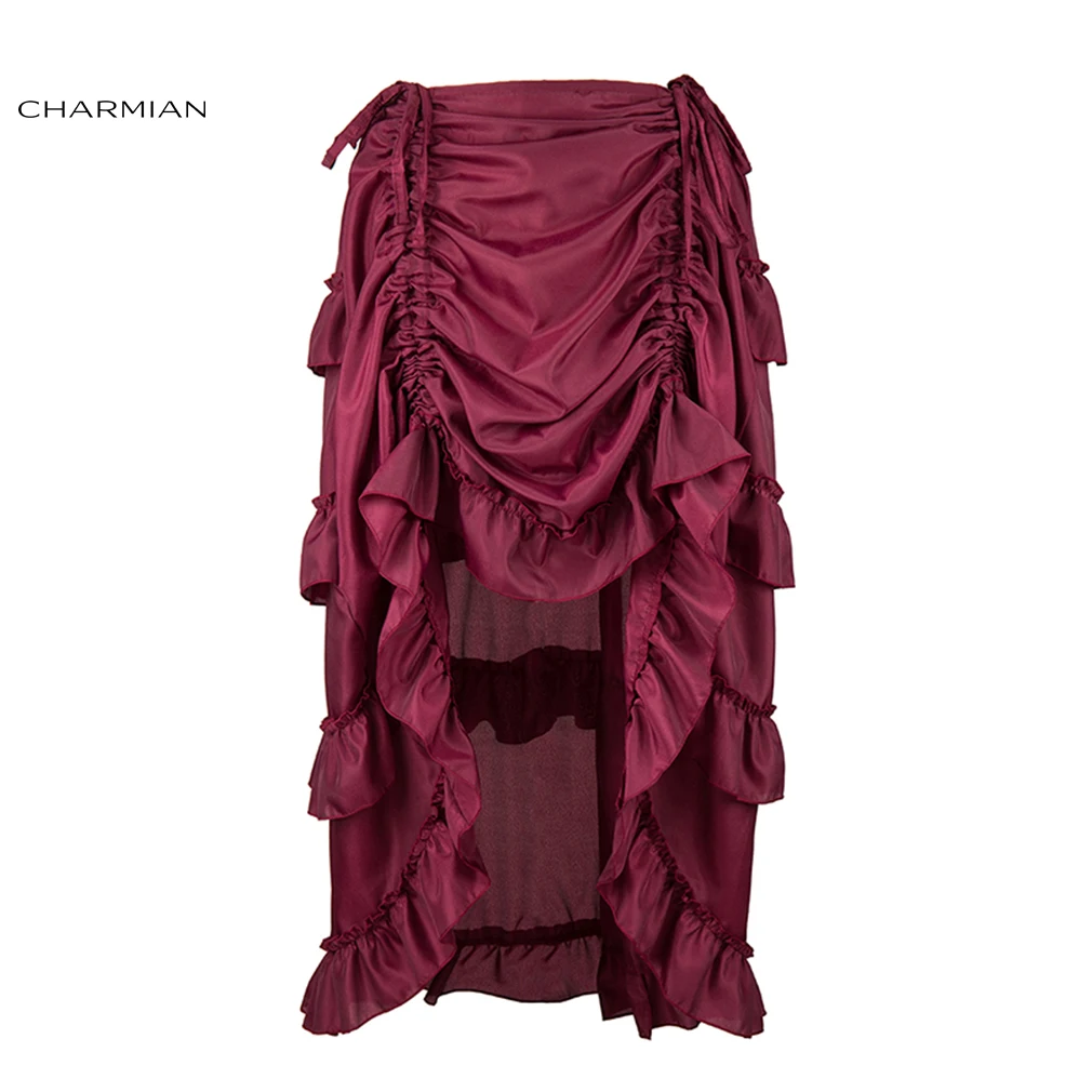 Charmian Женская юбка размера плюс в викторианском стиле, готическая юбка в стиле стимпанк, сексуальная летняя вечерняя черная юбка с оборками, винтажная юбка с высокой талией и низкой талией - Цвет: Wine Red