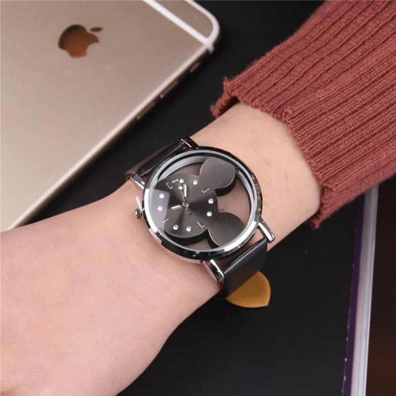 Women's Watch Fashion Casual Mickey Mouse Head Buckle Pointer Dial Watch PU Leather Strap Watch Simple Atmosphere Women's Watch