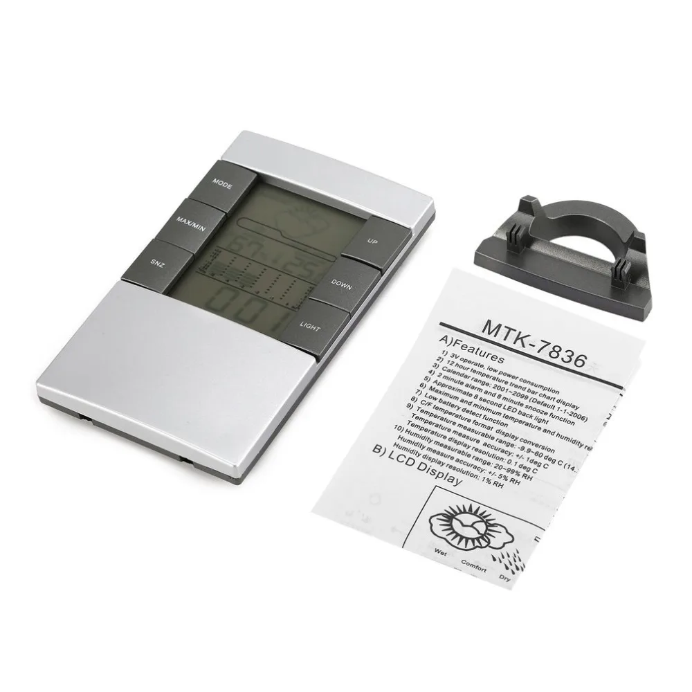 

Portable Digital Temperature and Humidity Meter LCD Weather Station Clock Indoor Outdoor Thermometer Hygrometer
