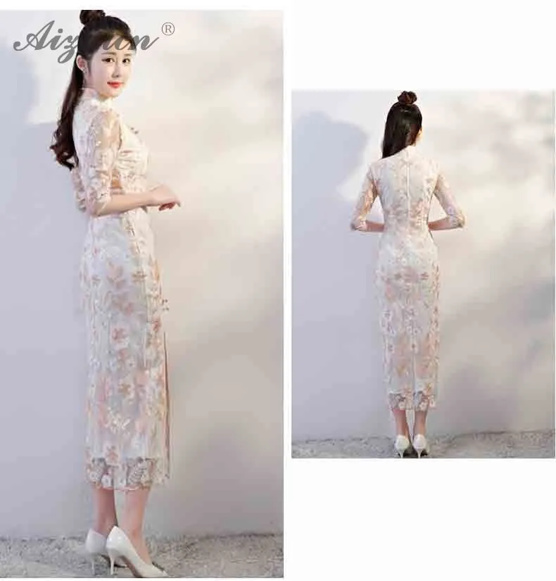 Современный новый кружево Длинные Cheongsam для женщин китайское платье Qipao Slim Fit светло голубой платья для халат Longue Femme Orientale пикантные Qi Pao