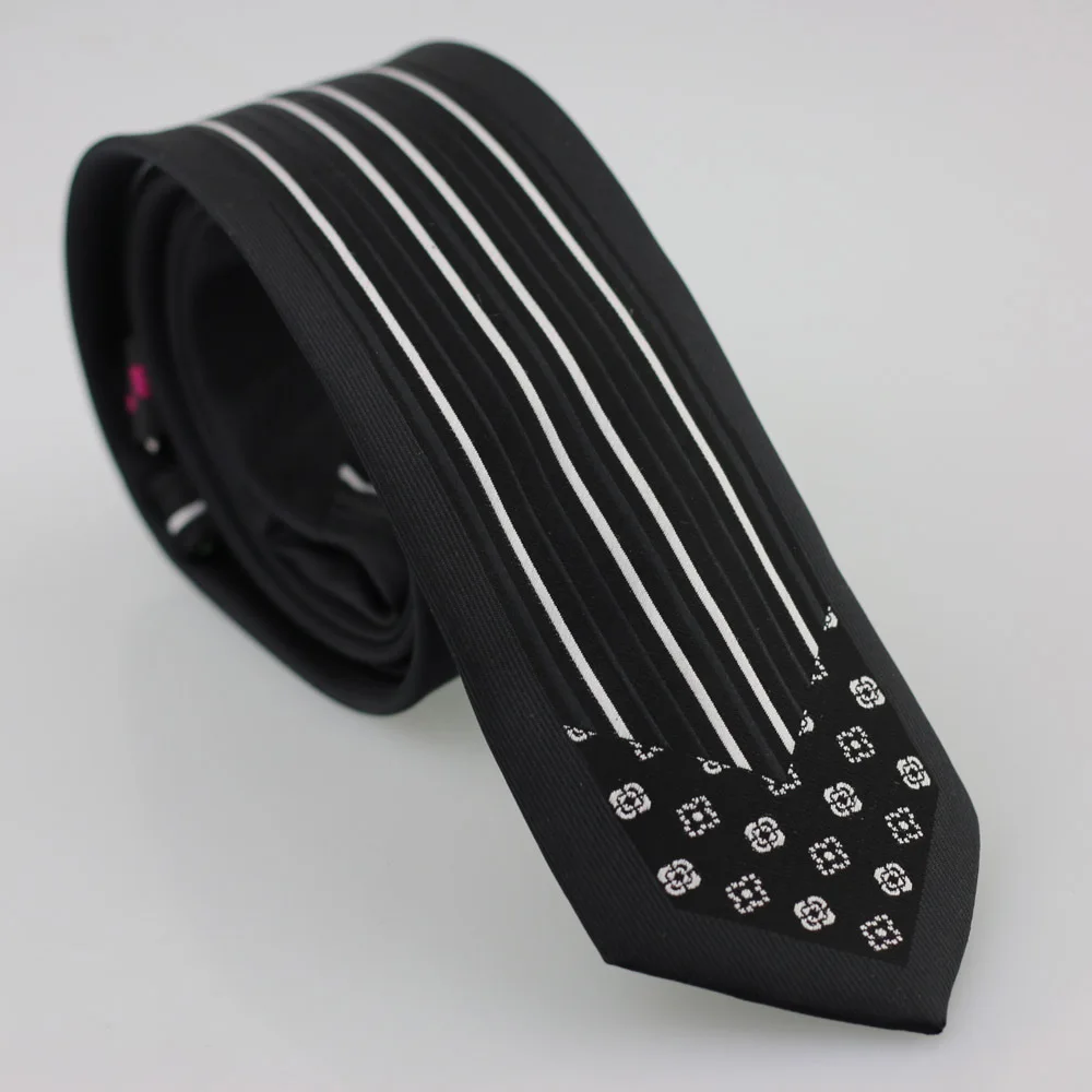 YIBEI Coachella Ties Black Tie Bordered White Vertical Striped&Florals