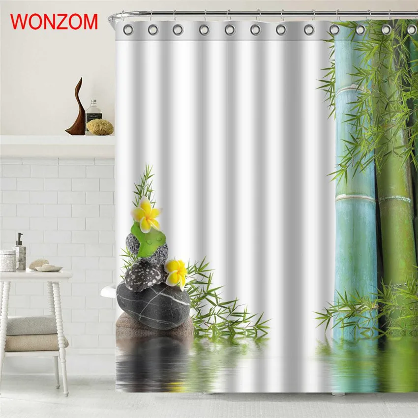 WONZOM бамбук полиэстер ткань камень занавески для душа пейзаж ванная комната Декор водонепроницаемый Cortina De Bano с 12 крючками подарок - Цвет: 18817