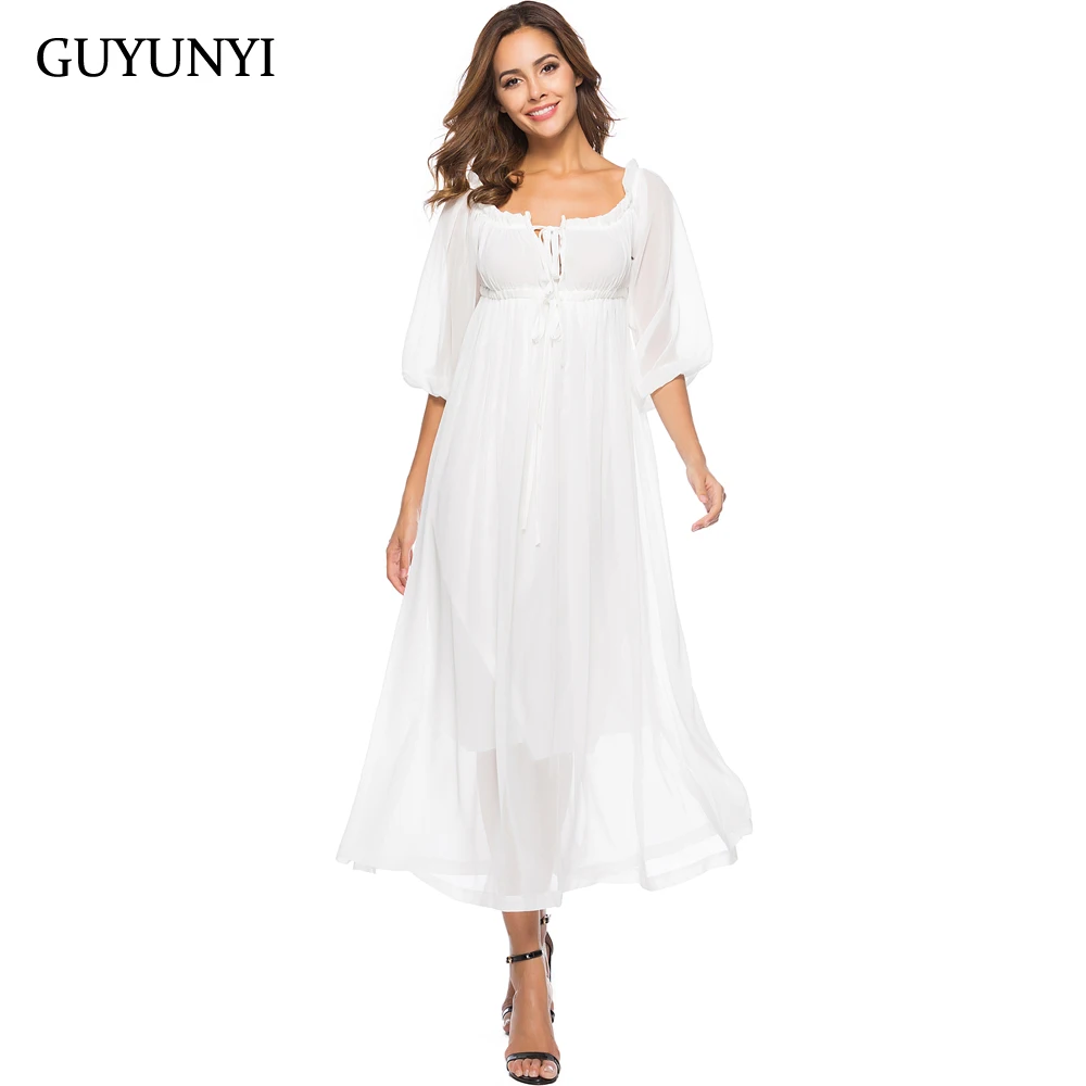 

GUYUNYI Women Maxi Dress Bow Ruffled Neck Summer Beach White Chiffon Party Dresses Style Split Elegant vestidos de festa CX869