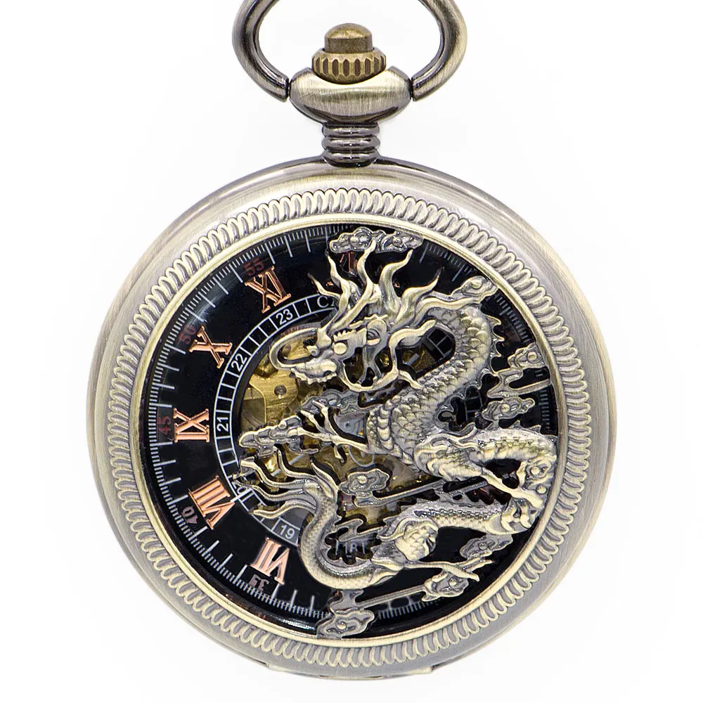 

Luxury Chinese Flying Dragon Mechanical Pocket Watch Skeleton Steampunk Pocket Watches Chains Fob Clock PJX1352