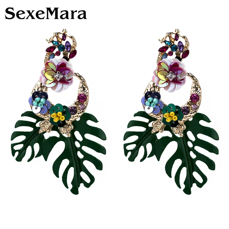 

SexeMara New Hyperbole Flowers Earrings BOHEMIA Oil Drop Leaf Multicolor Rice Beads Sequins Dangle Earrings For Women Jewelry