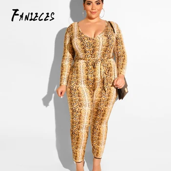 

FANIECES Plus size fat Sexy Women Casual Jumpsuits Retro Serpentine Printed V neck skinny Long Sleeve Romper Pants streetwear