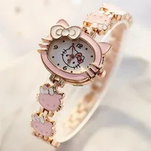 Новинка, детские часы с мультипликационным принтом, модные детские милые кварцевые часы из нержавеющей стали для девочек, розовый браслет, наручные часы, подарки