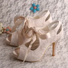 Wedopus Custom Handmade 2016 New Open Toe Wedding Bridal Nude Lace Fabric Shoes High Heels