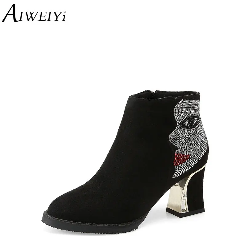 

AIWEIYi Rhinestone Ankle Boots for Women Round toe Square Heel High Heels Short Boots Black Red Sweet Autumn Winter Lady Shoes