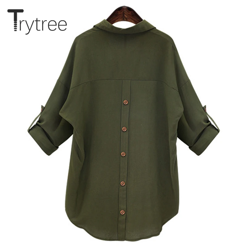 Online Trytree Sommer Herbst Frauen Lange Bluse Casual Polyester hemd drehen unten Kragen Armee Schwarz Tops kleidung Casual Solide Shirts