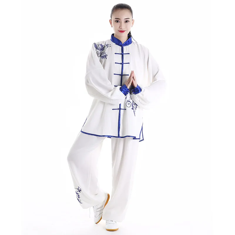 Günstig Tai Chi Uniform Erwachsene Martial Arts Kleidung Langarm Stickerei Taekwondo Kungfu Anzug Chinesischen Stil Morgen Übung Kostüme