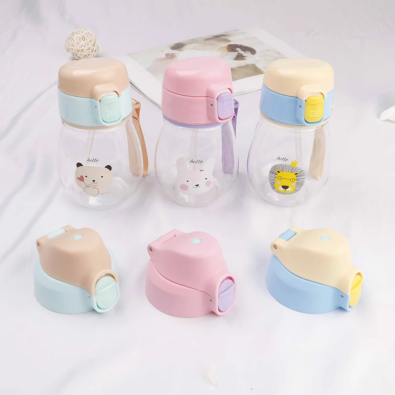

1 Set 350ml Portable Cartoon Plastic Straw Water Bottle 2 Lids High Temperature Resistance Baby Feeding Kettle For Kids 3 Colors