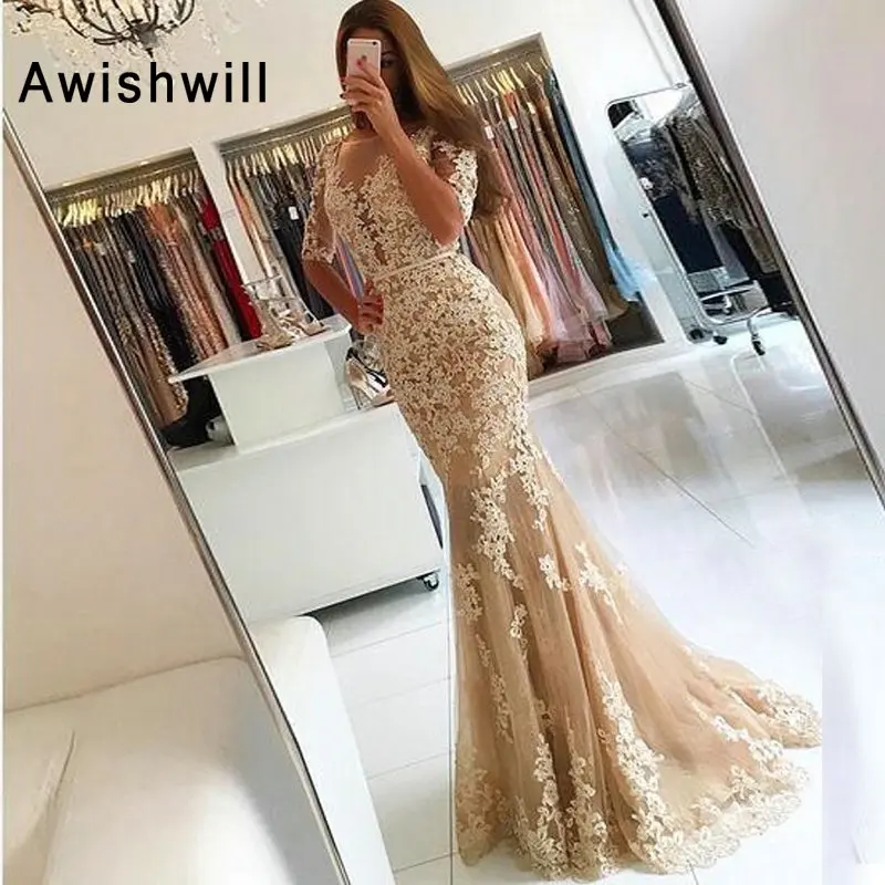 

Champagne 2019 Prom Dresses Mermaid With Sleeves Tulle Appliques Lace Backless Party Long Prom Gown Evening Dress Robe De Soiree