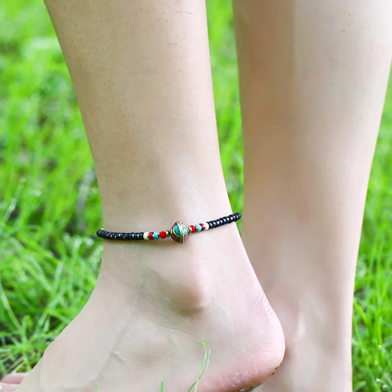 WEIYU ручной Тибетский Круглый Шарм ног ножные браслеты для Для женщин этнические богемные камень бисером ботильоны с цепочкой ножной браслет ног ювелирные изделия