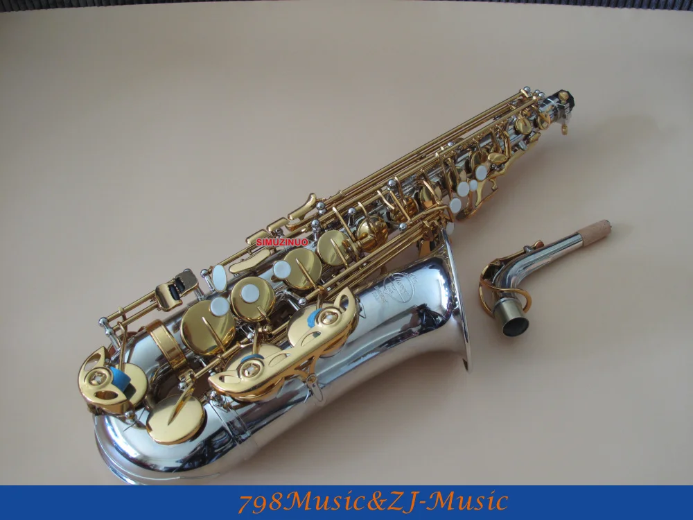 

Nickel Plated Body and Gold Lacquer Alto Saxophone sax Eb High F# Saxofon New Case