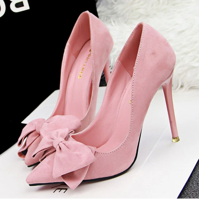 

2017 Brand Women Pumps Fashion Women Shoes High Heels Thin Heel Shoes Sweet Bowknot Pointed Toe Wedding Shoes pink