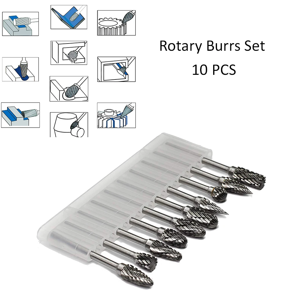 

10pc/set 1/8" Shank Tungsten Carbide Milling Cutter Set Rotary Tool Burr Double Diamond Cut Dremel Tools CNC Engraving Bits