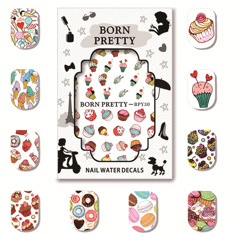 

BORN PRETTY 5 Sheets/Set Watermark Sticker Dessert Pattern Nail Art Water Decals Transfer Sticker BPY26-30