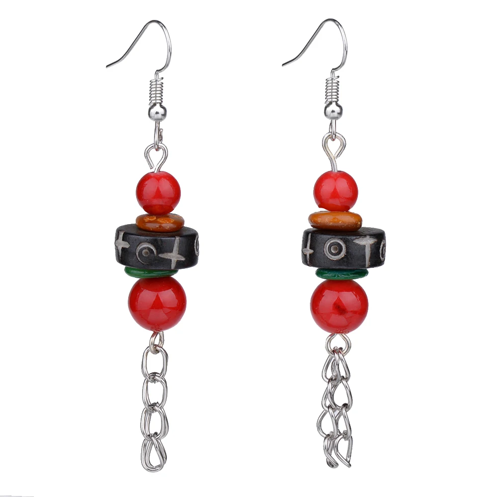 

MYTHIC AGE Bohemian Hand Made Ethnic Symbol Carved Bone Colorful Beads Tibetan Vintage Exotic Drop Earrings Jewelry For Women