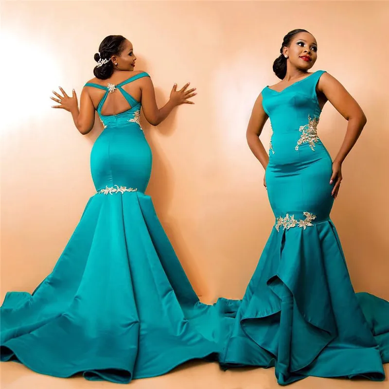 

2019 African Mermaid Prom Dresses With Applique Lace Hunter Green Formal Party Gowns Backless abendkleider Evening Dress Long