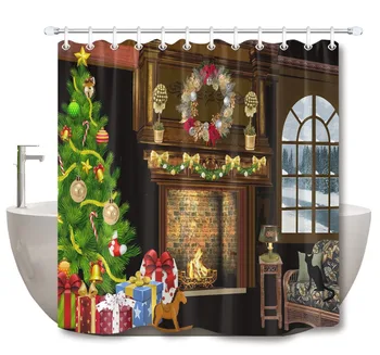 

Christmas Decorations Fireplace Shower Curtain Set With Rug Waterproof Bathroom Eco-Friendly Polyester Fabric For Bathtub Decor