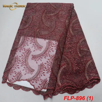 

Latest wine color French net lace fabric for wedding dress high quality africn embroidered tulle lace fabric 5yards FLP-896