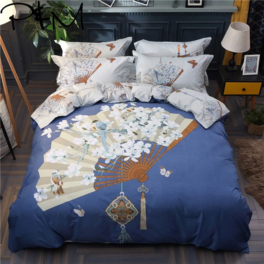 

Papa&Mima Folding Fan and flowers print Bedding Sets 4pcs Queen King Size Bedlinens Four Seasons Duvet Cover Set 100% Cotton