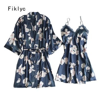 

Fiklyc underwear padded nightdress + half-sleeve bathrobes two pieces robe & gown sets with floral print sexy ladies nighties