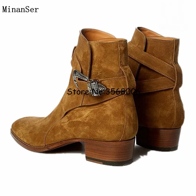 Hot Sale Buckle Strap Slip-on Men Chelsea Boots Brown Black Original Suede Leather Man Ankle Boots British Style MAN flats Shoes