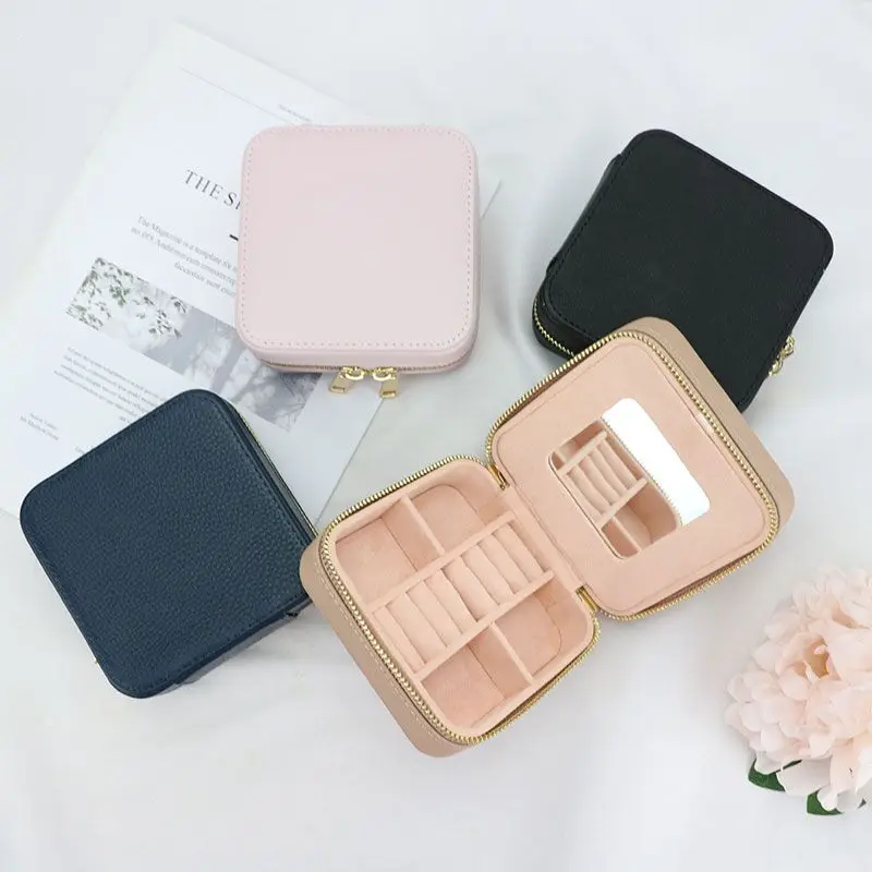 Customized Korean Style Girl Jewelry Box Protable Genuine Leather Earrings Ring Case Multi-function