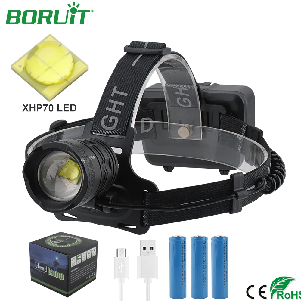 

BORUiT Super Bright XHP70 LED Headlamp Flashlight Zoomable Torch Light USB Rechargeable Lantern Waterproof Camping Hunting Lamp