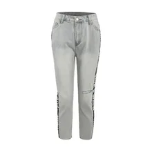 Осень, западный стиль, модные, обтягивающие, SML XL XXL, потертые, с дырками, с буквами, украшенные лентой, женские повседневные джинсы, джинсовые штаны, брюки