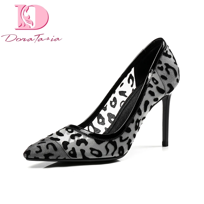 

DoraTasia 2018 Plus Size 33-43 Lace Upper Mesh Black Pointed Toe Thin High Heels Woman Shoes Sexy Women Summer Pumps