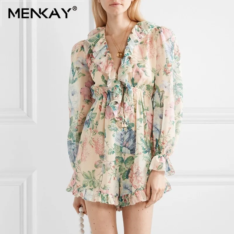 

[MENKAY] ZIMM Floral Print Silk Blends V Neck Long Sleeve Ruffle Jumpsuit Short Women Beach Style 2019 Summer Holidy Fashion