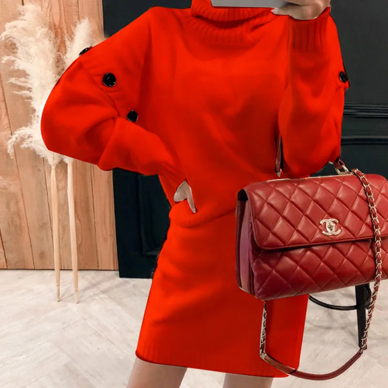 

JSXDHK Turtlenek Winter Women Knitted 2 Piece Set 2018 Runway Red Knitting Loose Warm Sweater Crop + Elastic Waist Skirt Suits